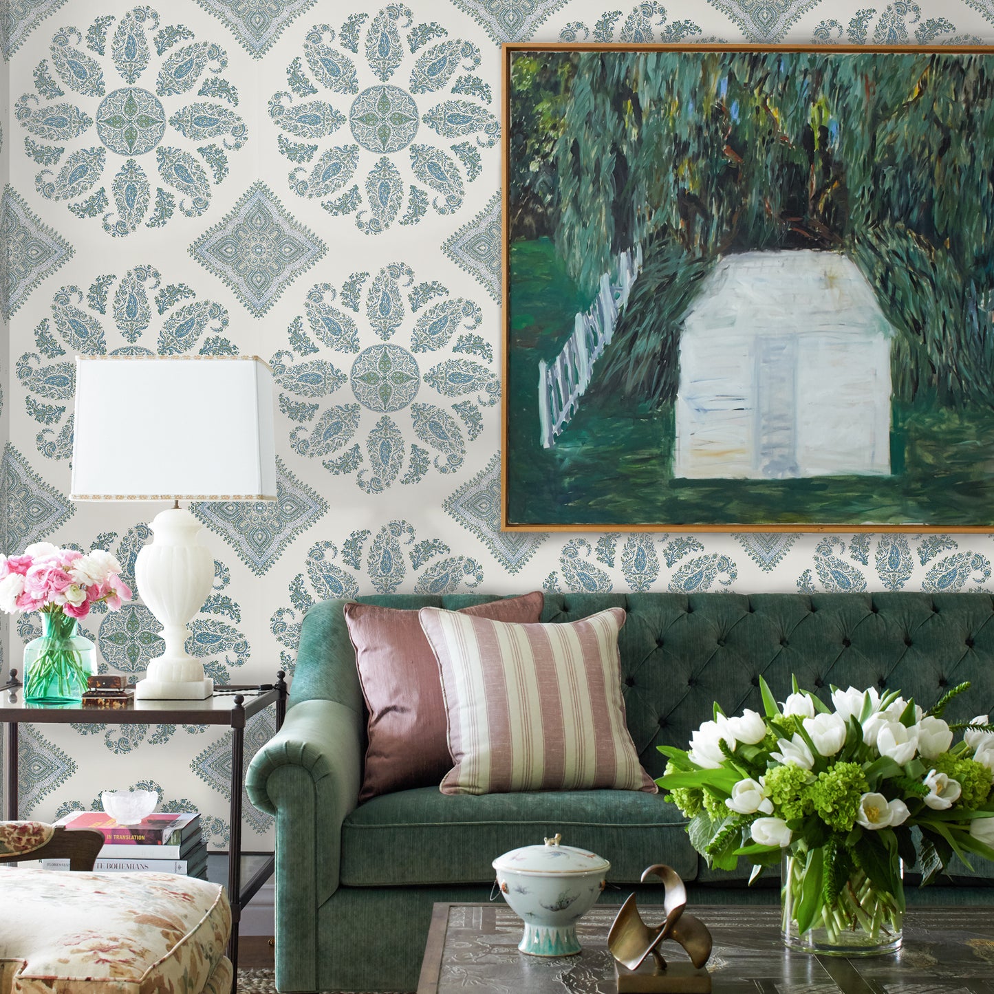 Samarkand Wallpaper - Blue/Green on White